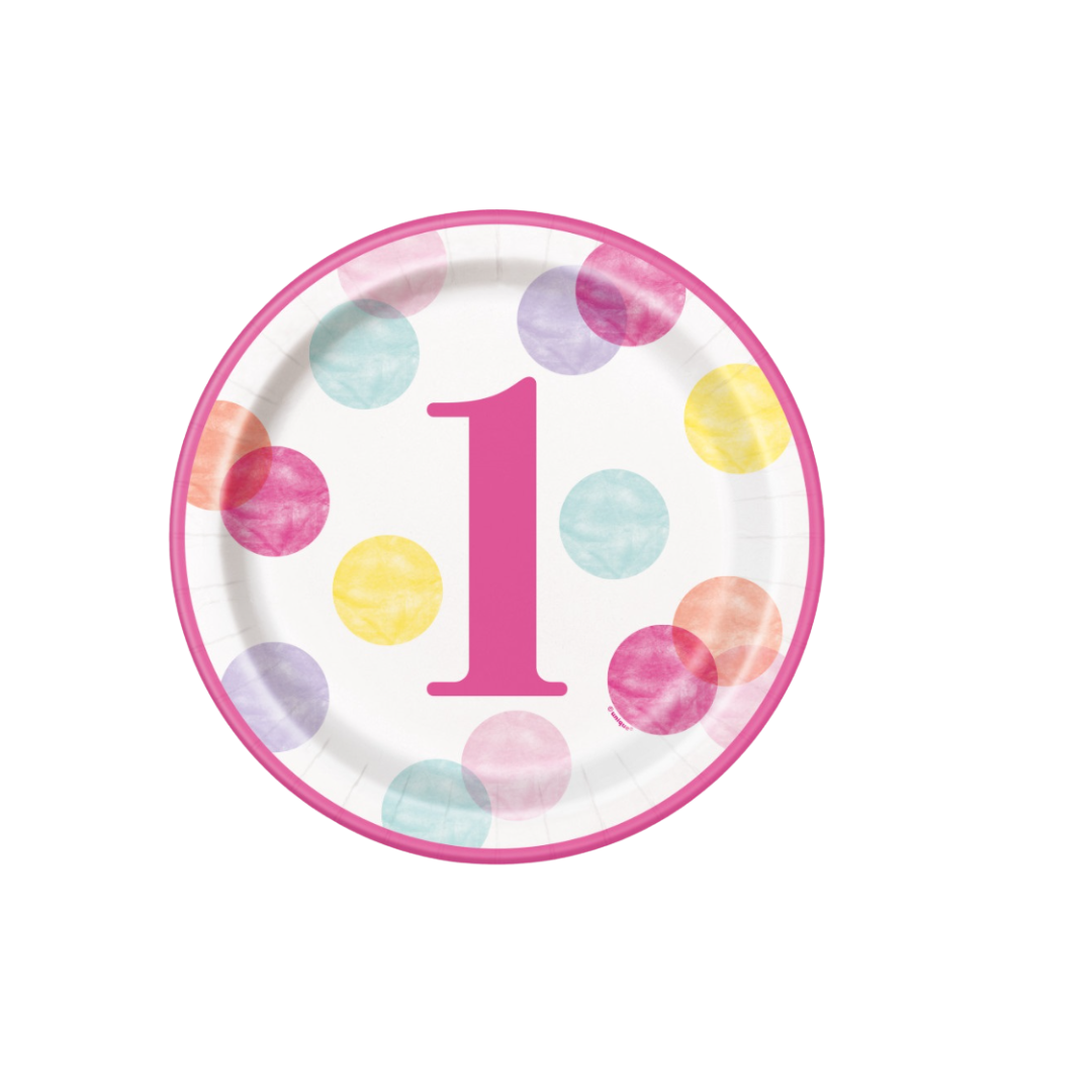 Pink Dots 1st Birthday Round 9" Dinner Plates