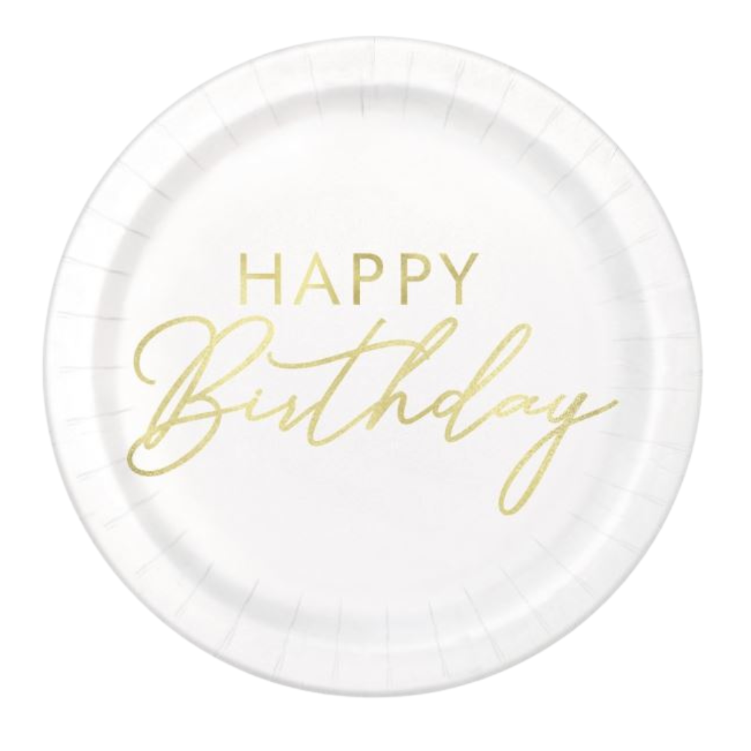 Gold Happy Birthday Round 7" Dessert Plates 8ct - Foil Stamping