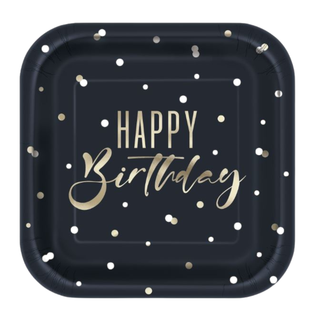 Gold Happy Birthday "Happy Birthday" Square Dinner Plates 8ct - Foil Stamping