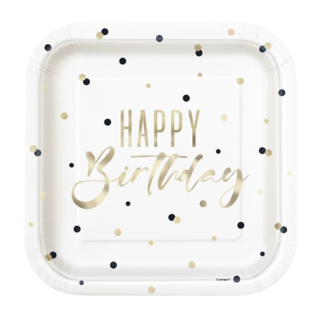 Gold Happy Birthday "Happy Birthday" Square Dinner Plates 8ct - Foil Stamping