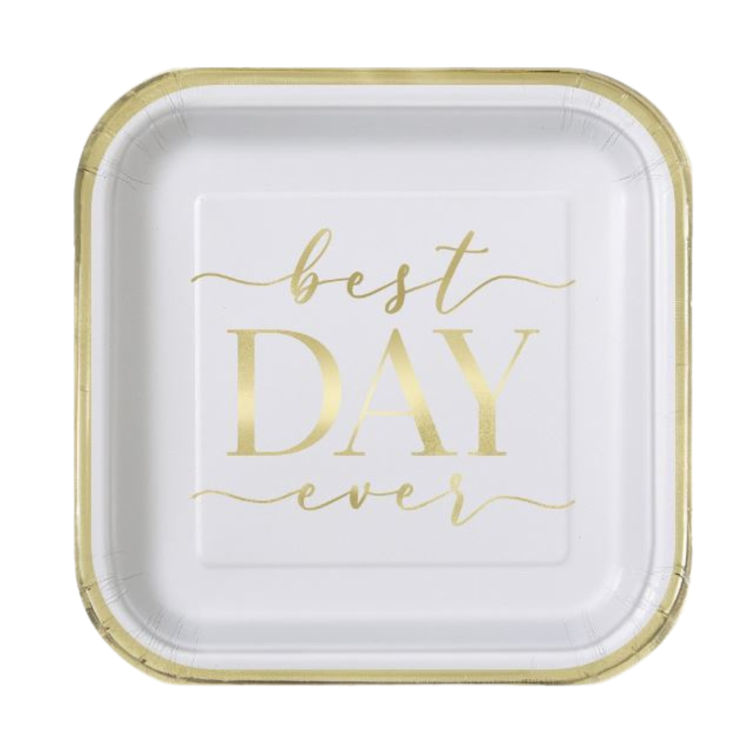 Gold & White "Best Day Ever" Square 7" Dessert Plates 8ct - Foil Stamping