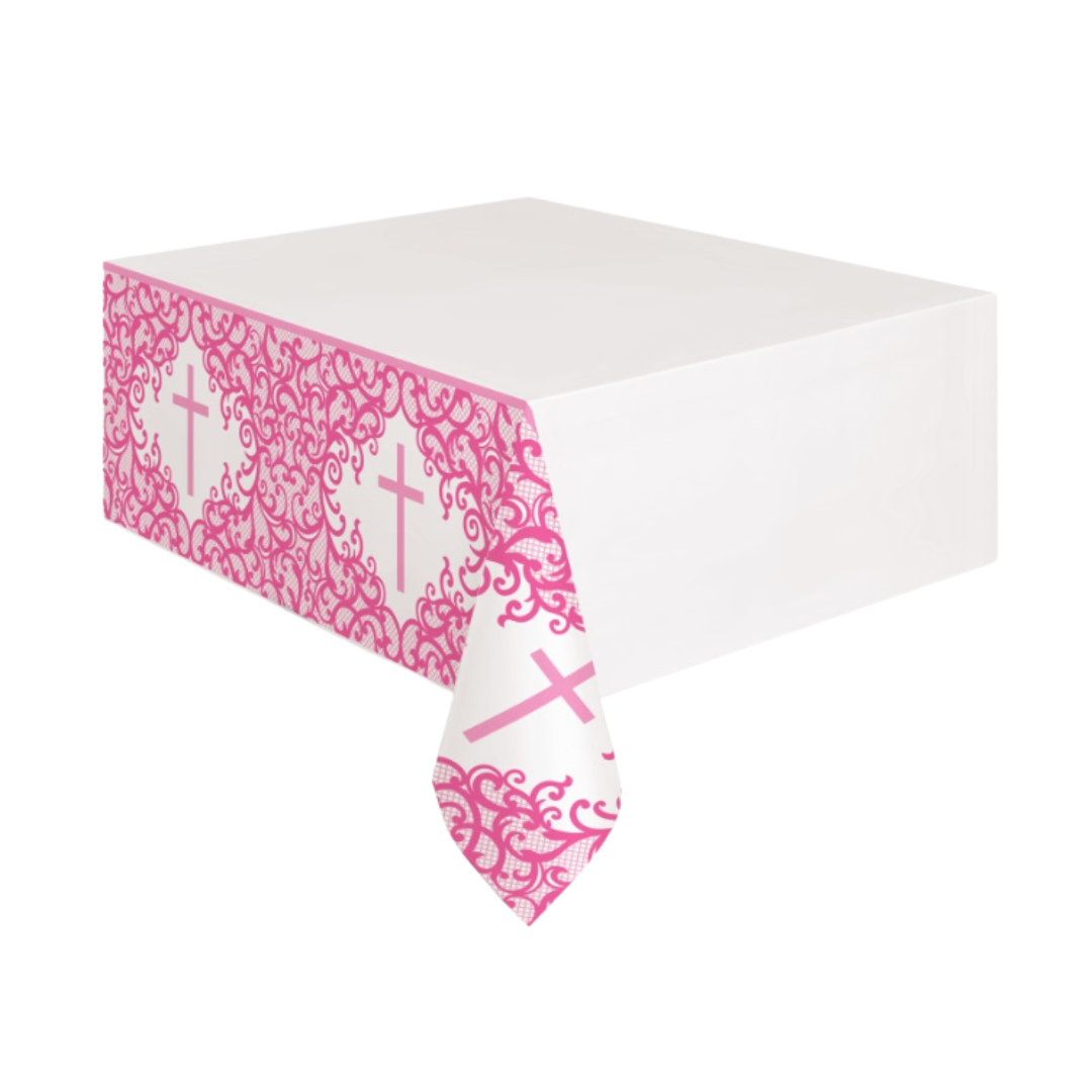 Fancy Pink Cross Rectangular Plastic Table Cover 54" x 84"