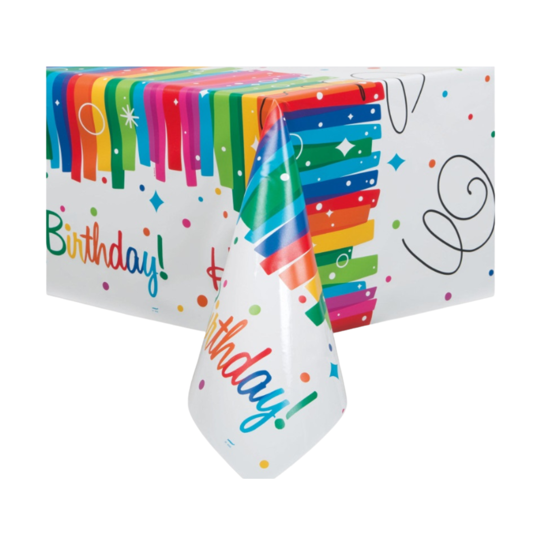 Rainbow Ribbons Birthday Rectangular Plastic Table Cover 54" x 84"