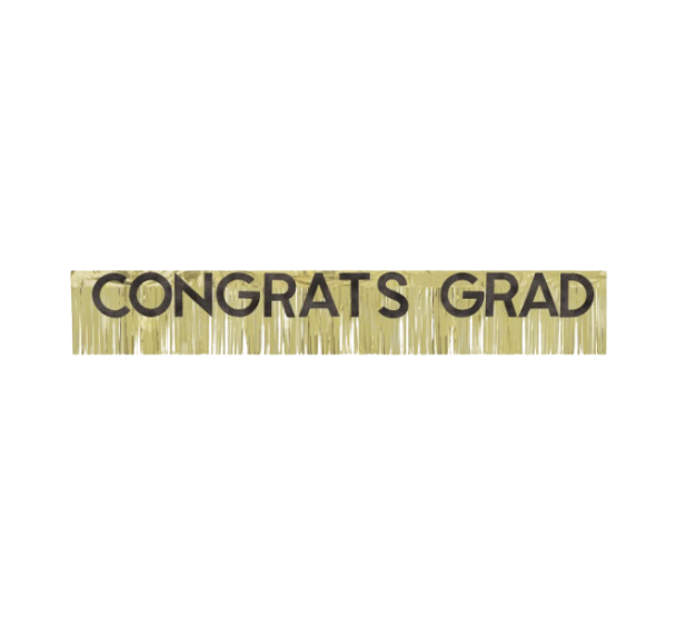 Gold Foil Glitter Fringe "Congrats Grad" Banner with Cutout Black Glitter Letters 6 ft