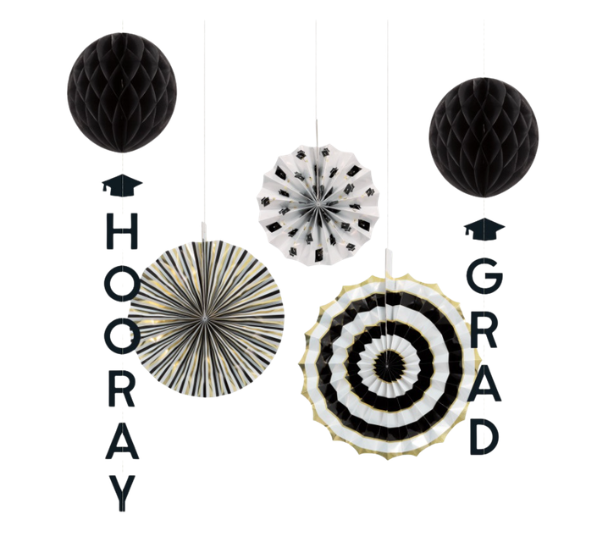 Honeycomb Tissue Ball and Fan "Hooray Grad" Decor Kit 5pc