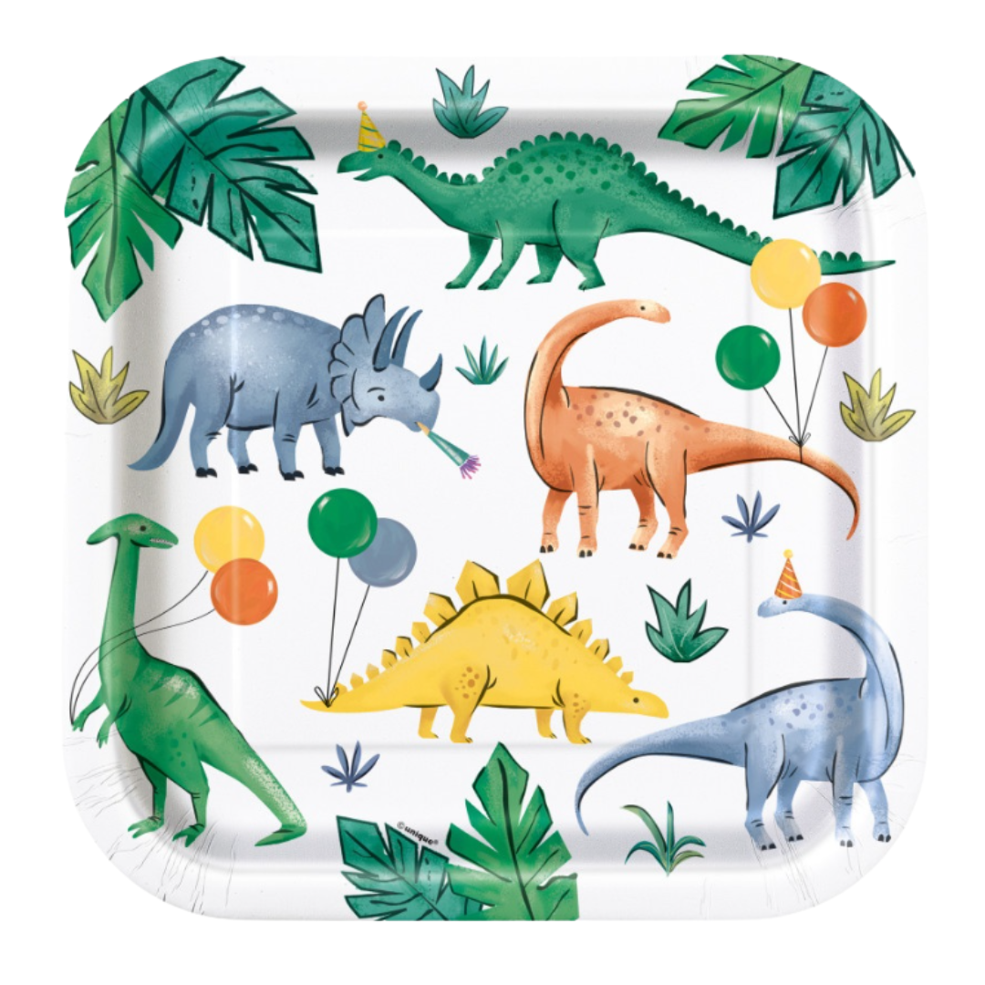 Partying Dinosaurs Square 9" Dinner Plates 8ct