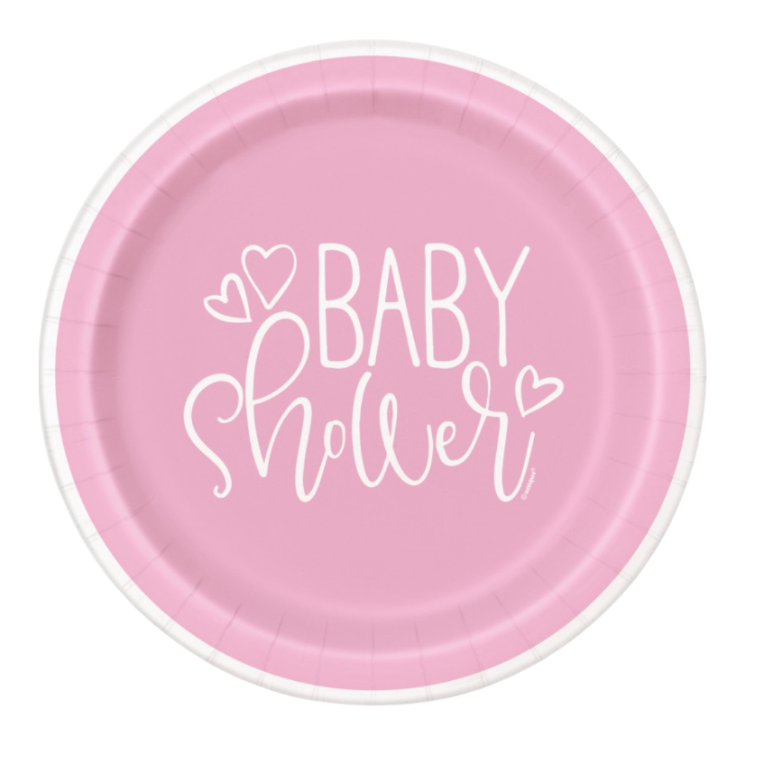 Pink Hearts Baby Shower Round 7" Dessert Plates 8ct