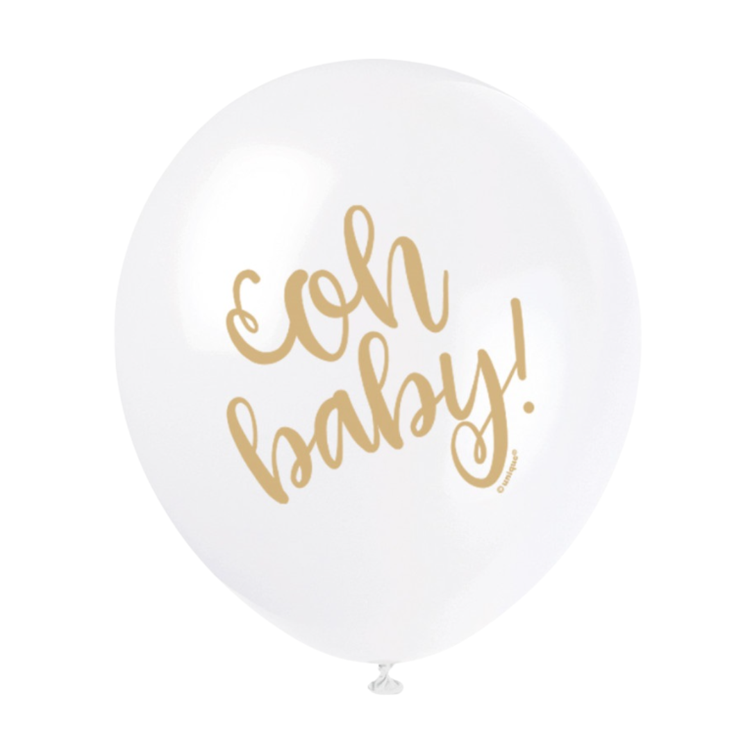 White Gold "Oh Baby" Baby Shower 12" Latex Balloons 8ct