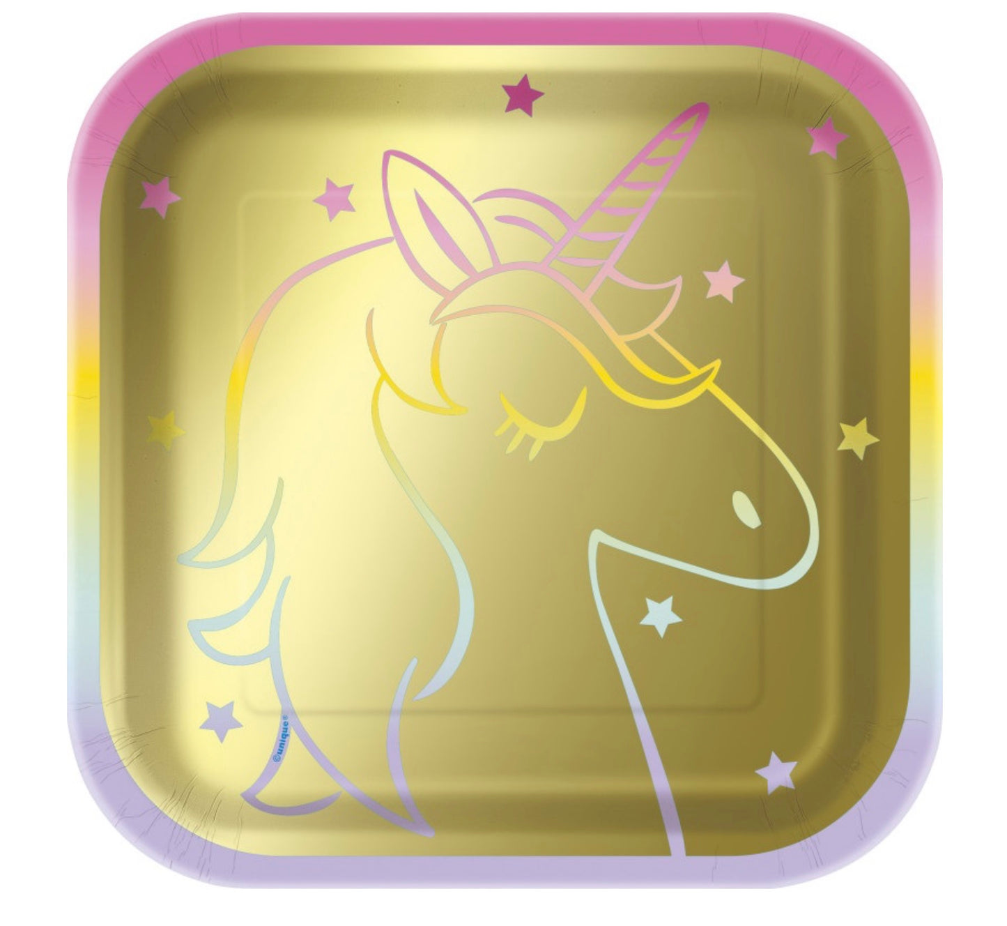 Gold Foil Rainbow Unicorn Square 7" Dessert Plates 8ct
