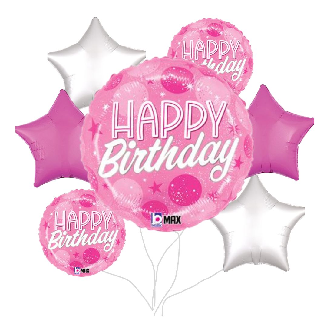 A bouquet of balloons featuring three pink round "Happy Birthday" balloons and four star-shaped silver and pink balloons, conveying a festive tone.
