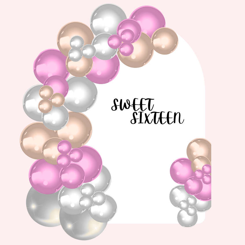 Round Top Chiara Backdrop w/ Balloons and Custom Vinyl