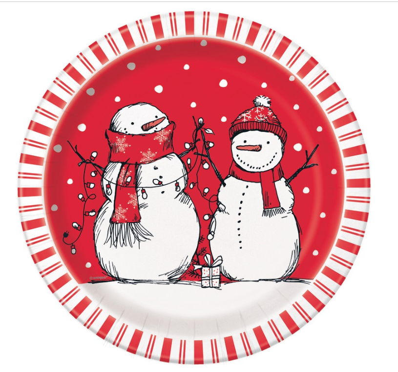 Red Stripes Snowman Round 9" Dinner Plates 8ct