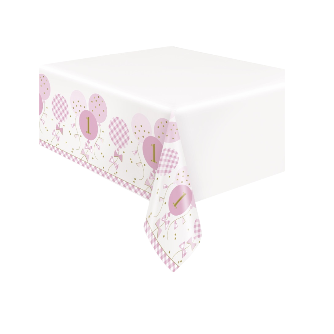 Pink Gingham 1st Birthday Rectangular Plastic Table Cover 54" x 84"