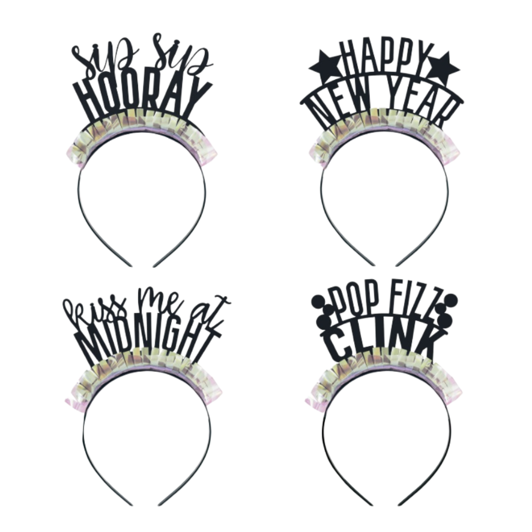 Black Gold & Silver New Years Iridescent Fringe Party Headbands 4ct