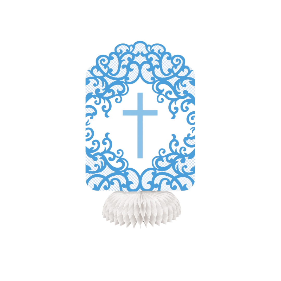3 Fancy Blue Cross Honeycomb Decorations 8"H