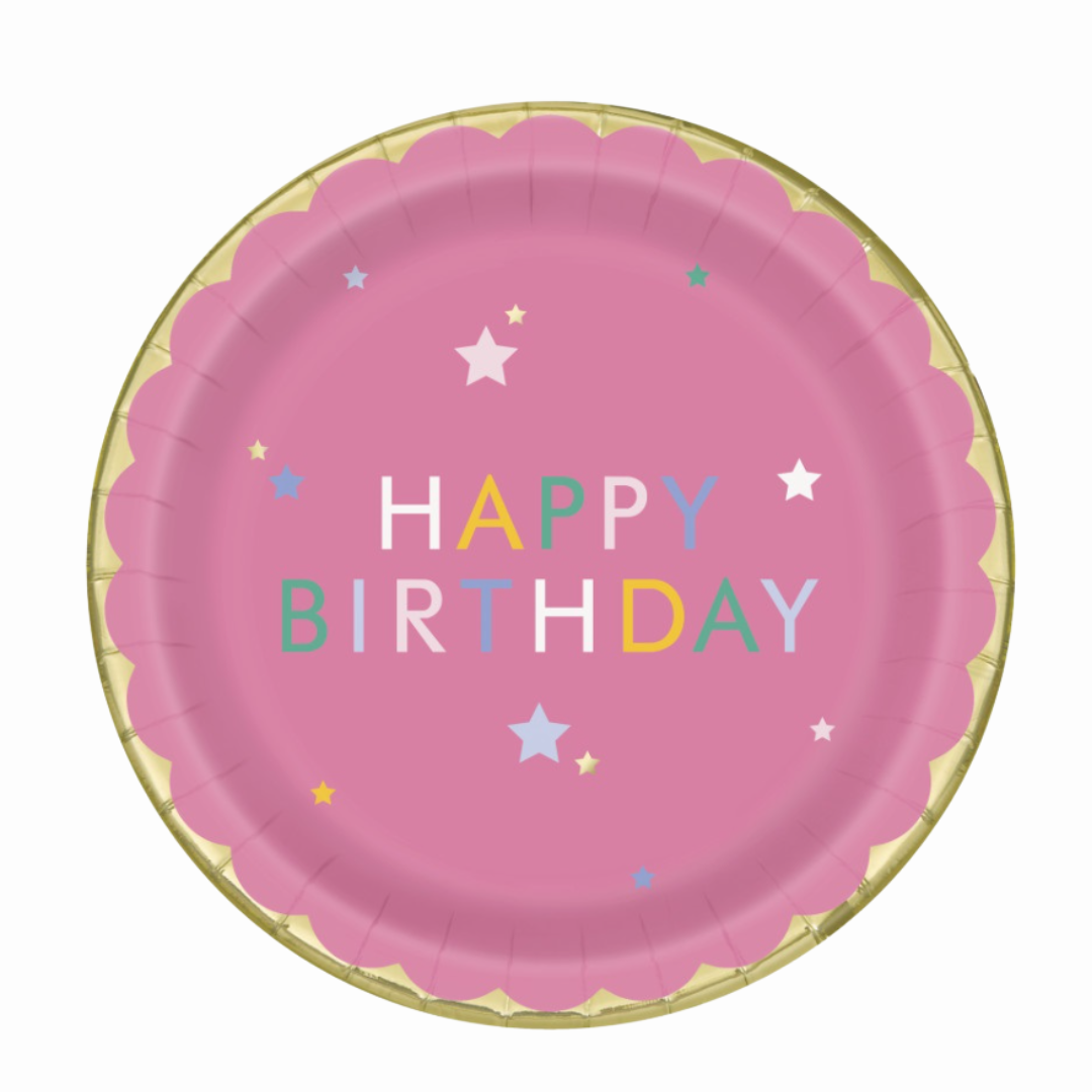Pastel Party "Happy Birthday" Round 9" Dinner Plates 8ct - Foil Board