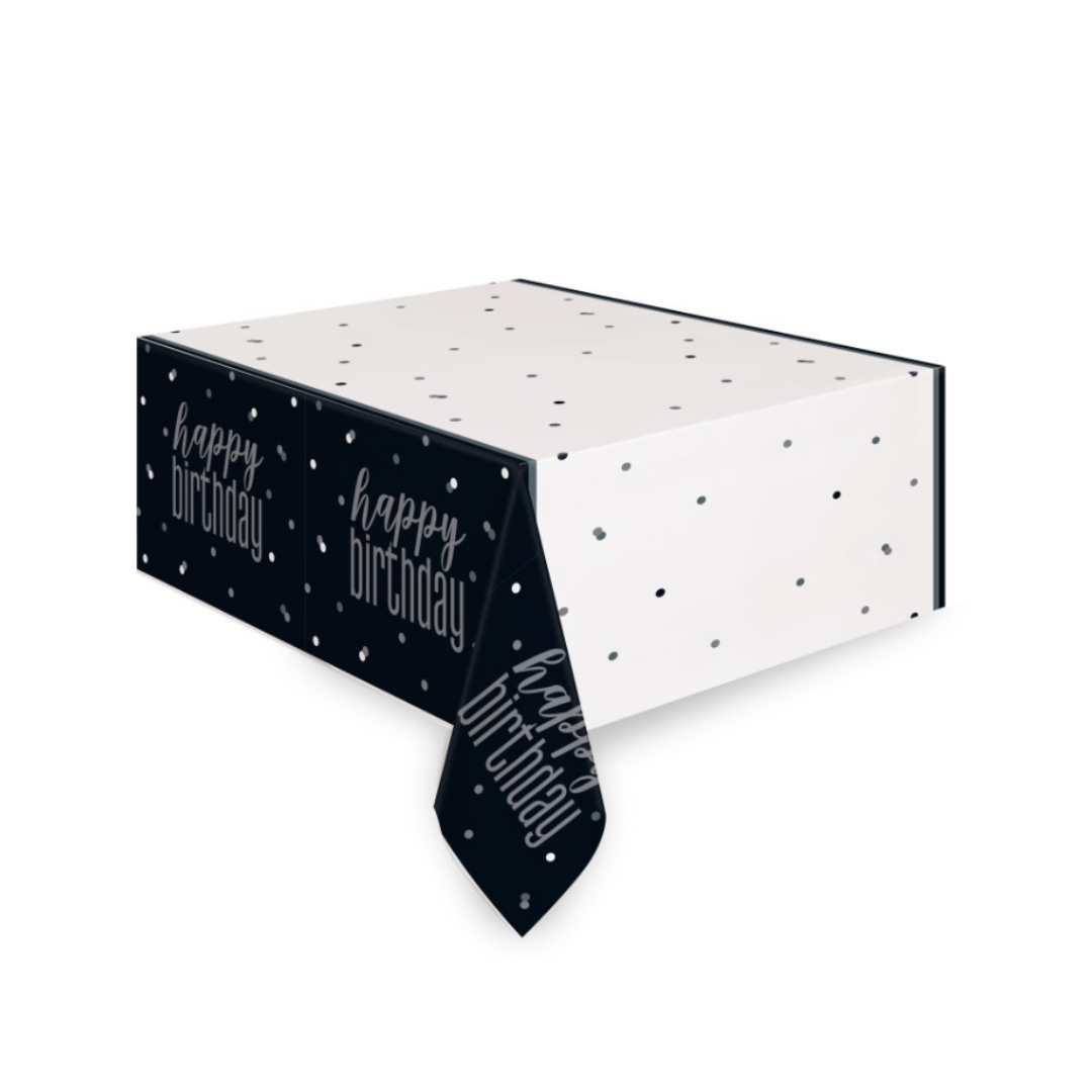 Glitz Black & Silver "Happy Birthday" Plastic Table Cover
