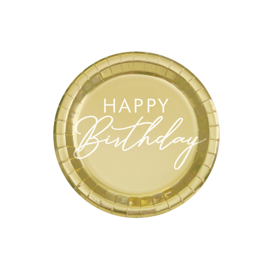 Gold Happy Birthday Round 9" Dinner Plates 8ct