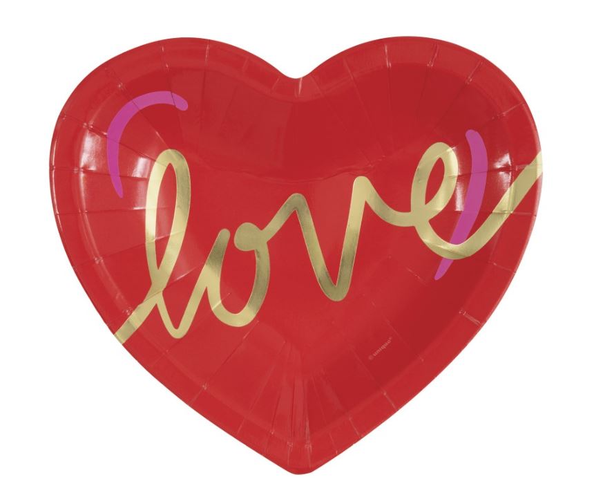 Red & Pink Valentines "Love" Heart Shaped 7.25" Dessert Plate 8ct - Foil Board