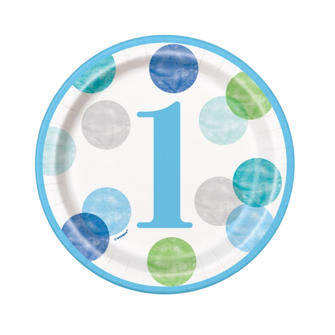 Blue Dots 1st Birthday Round 7" Dessert Plates 8ct