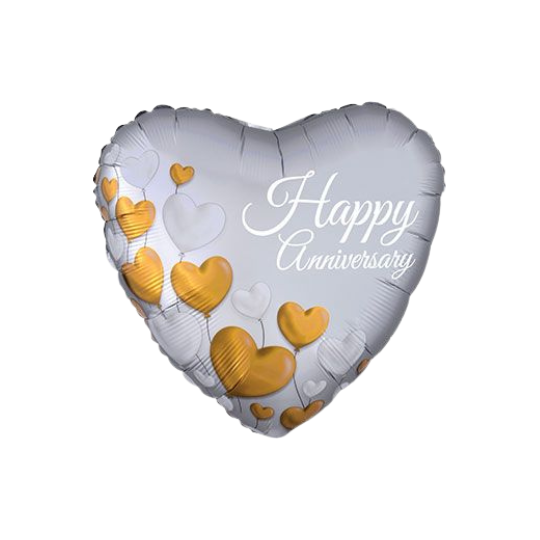 18"HAPPY ANNIVERSARY PLATINUM HEARTS SATIN LUXE