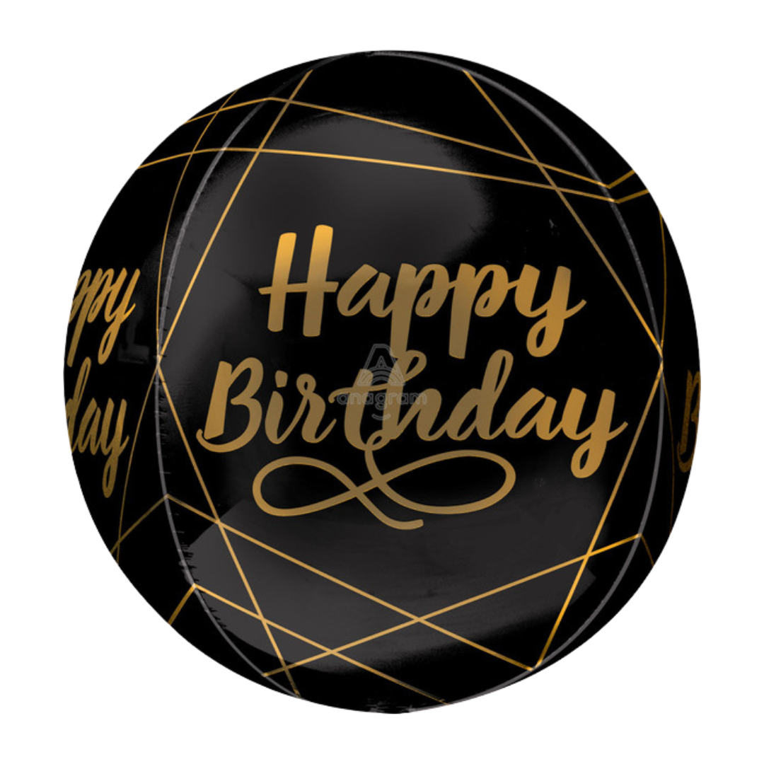 16"A Happy Birthday Elegant Black and Gold Orbz