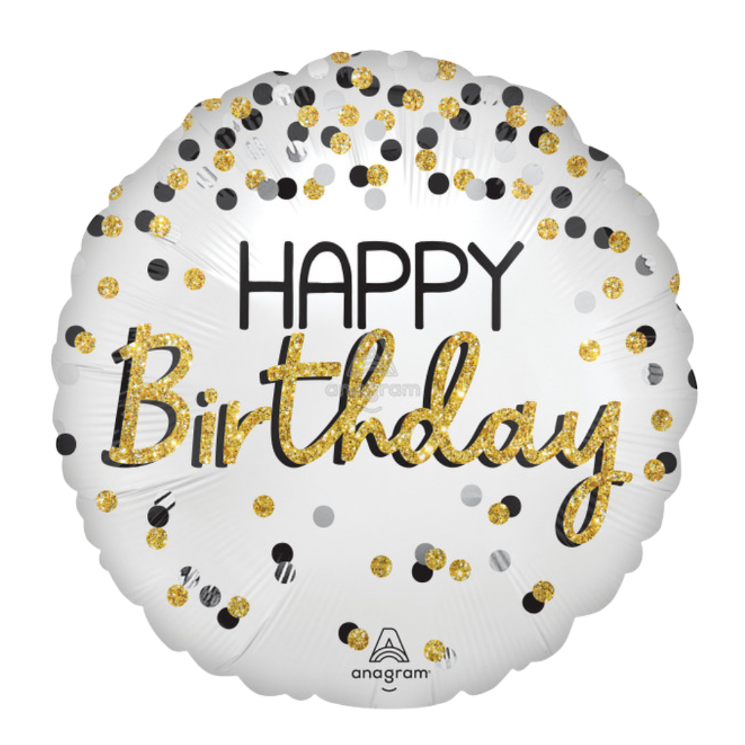 28"A Happy Birthday Satin Black Silver Gold