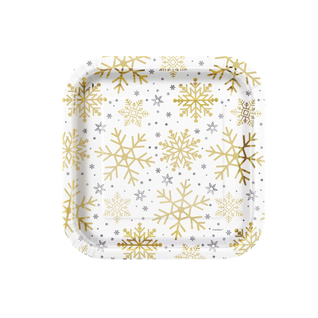 Silver & Gold Holiday Snowflakes Square 9" Dinner Plates 8ct - Foil Board