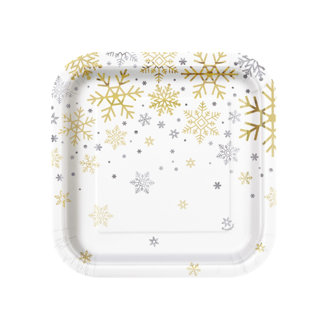 Silver & Gold Holiday Snowflakes Square 7" Dessert Plates 8ct - Foil Board