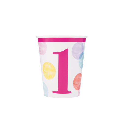 Pink Dots 1st Birthday 9oz Paper Cups 8ct