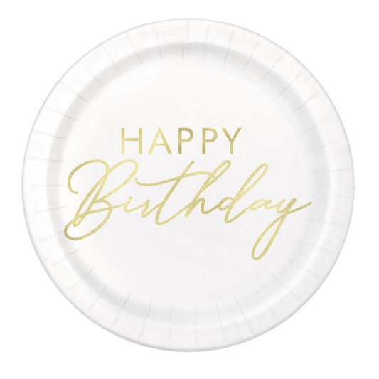 Gold Happy Birthday Round 7" Dessert Plates 8ct - Foil Stamping