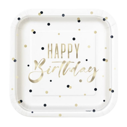 Gold Happy Birthday "Happy Birthday" Square Dinner Plates 8ct - Foil Stamping
