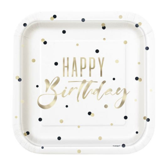 Gold Happy Birthday "Happy Birthday" Square Dinner Plates 8ct - Foil Stamping