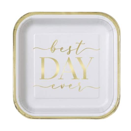 Gold & White "Best Day Ever" Square 7" Dessert Plates 8ct - Foil Stamping