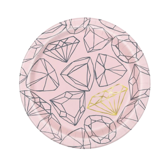 Pink Diamond Bachelorette Party Round Dinner Plates 8ct - Foil Stamping