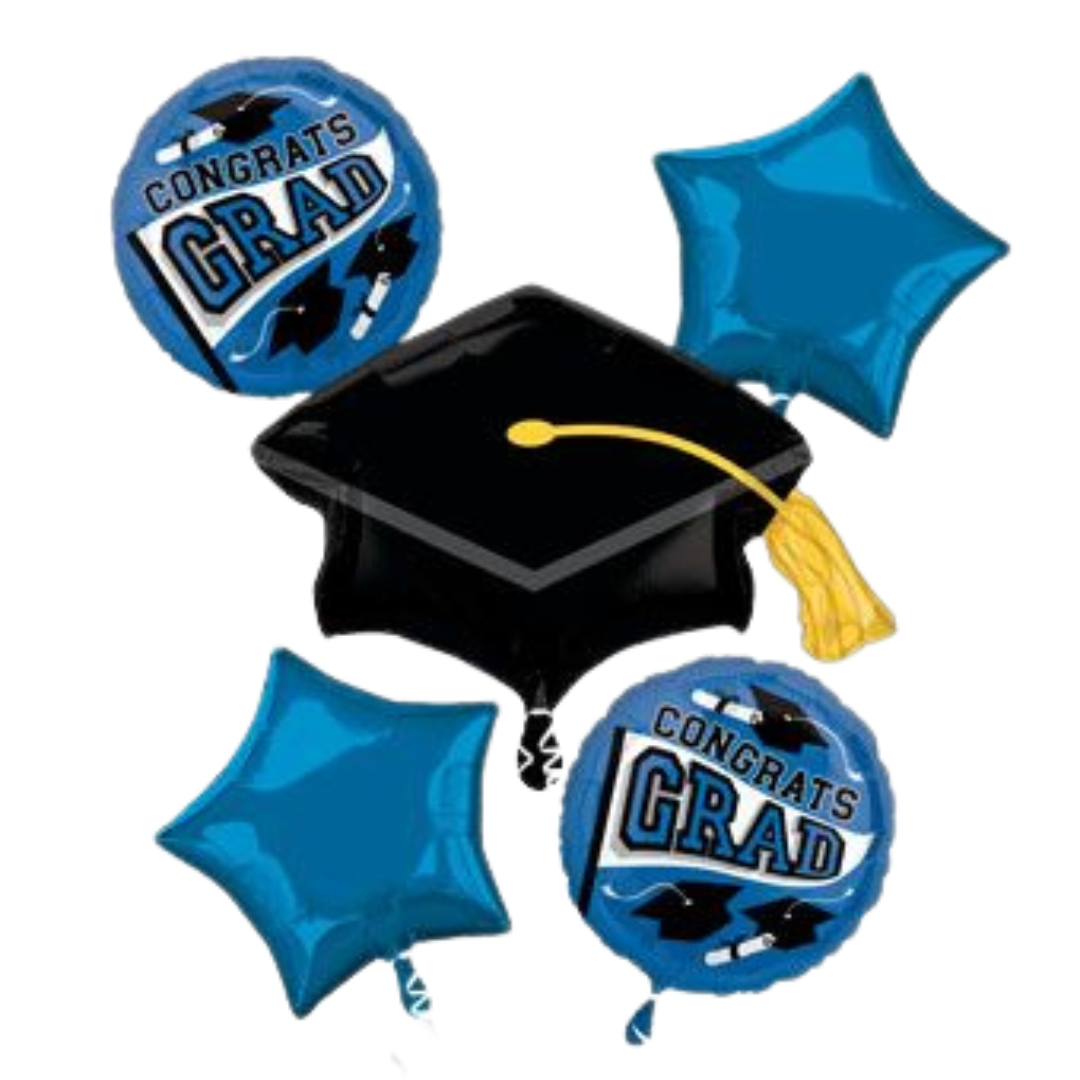 A balloon bouquet featuring blue balloons with graduation-themed designs including a graduation cap and stars, along with 'Congrats Grad' messaging.