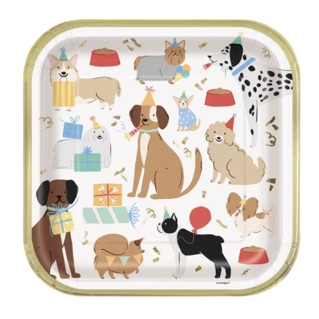 Pawty Animals Dog Square 9" Dinner Plates 8ct - Foil Stamping
