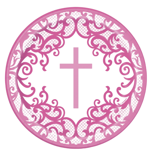 Fancy Pink Cross Round 7" Dessert Plates 8ct