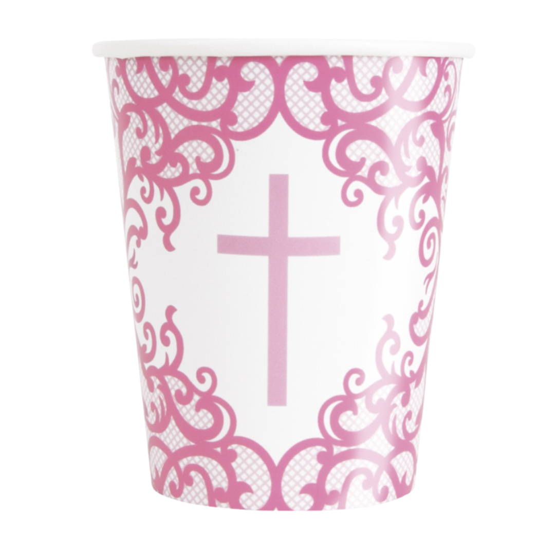 Fancy Pink Cross 9oz Paper Cups 8ct