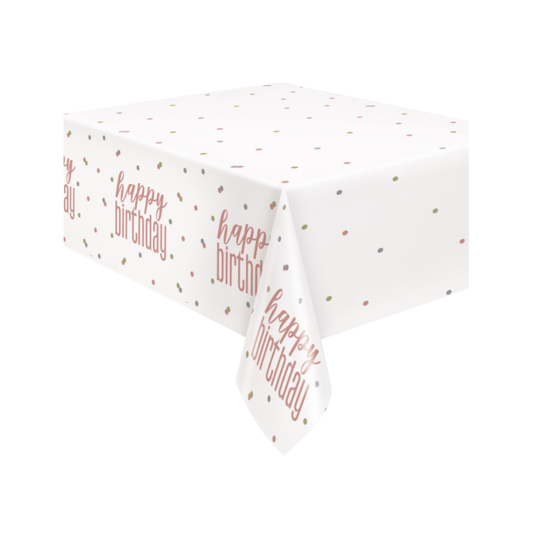 Glitz Rose Gold "Happy Birthday" Plastic Table Cover  54"x84"