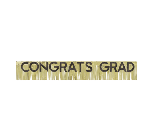 Gold Foil Glitter Fringe "Congrats Grad" Banner with Cutout Black Glitter Letters 6 ft