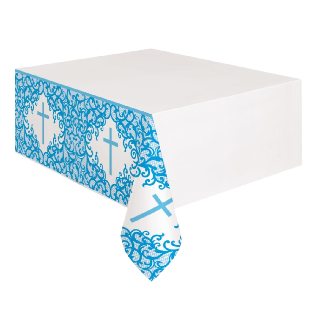 Fancy Blue Cross Rectangular Plastic Table Cover 54" x 84"