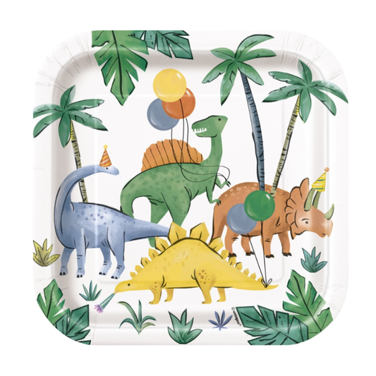 Partying Dinosaurs Square 7" Dessert Plates 8ct
