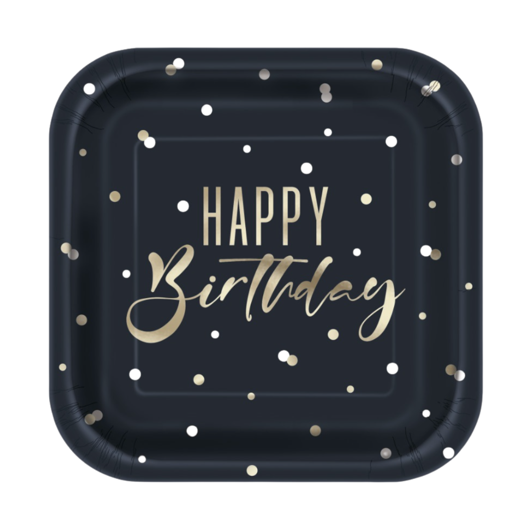 Gold Happy Birthday "Happy Birthday" Square 7" Dessert Plates 8ct - Foil Stamping