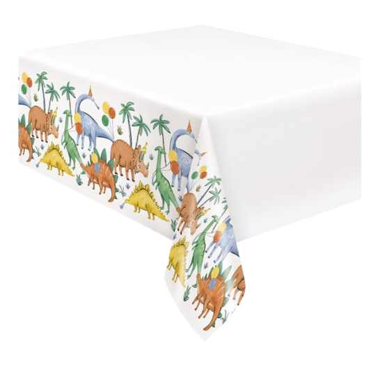 Partying Dinosaurs Rectangular Plastic Table Cover 54" x 84" - Short Fold