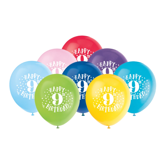Fun Happy 9th Birthday 12" Latex Balloons 8ct