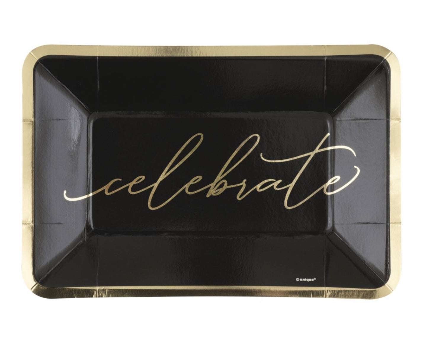 Black & Gold "Celebrate" Rectangular 9" x 6" Appetizer Plates  8ct - Foil Stamping