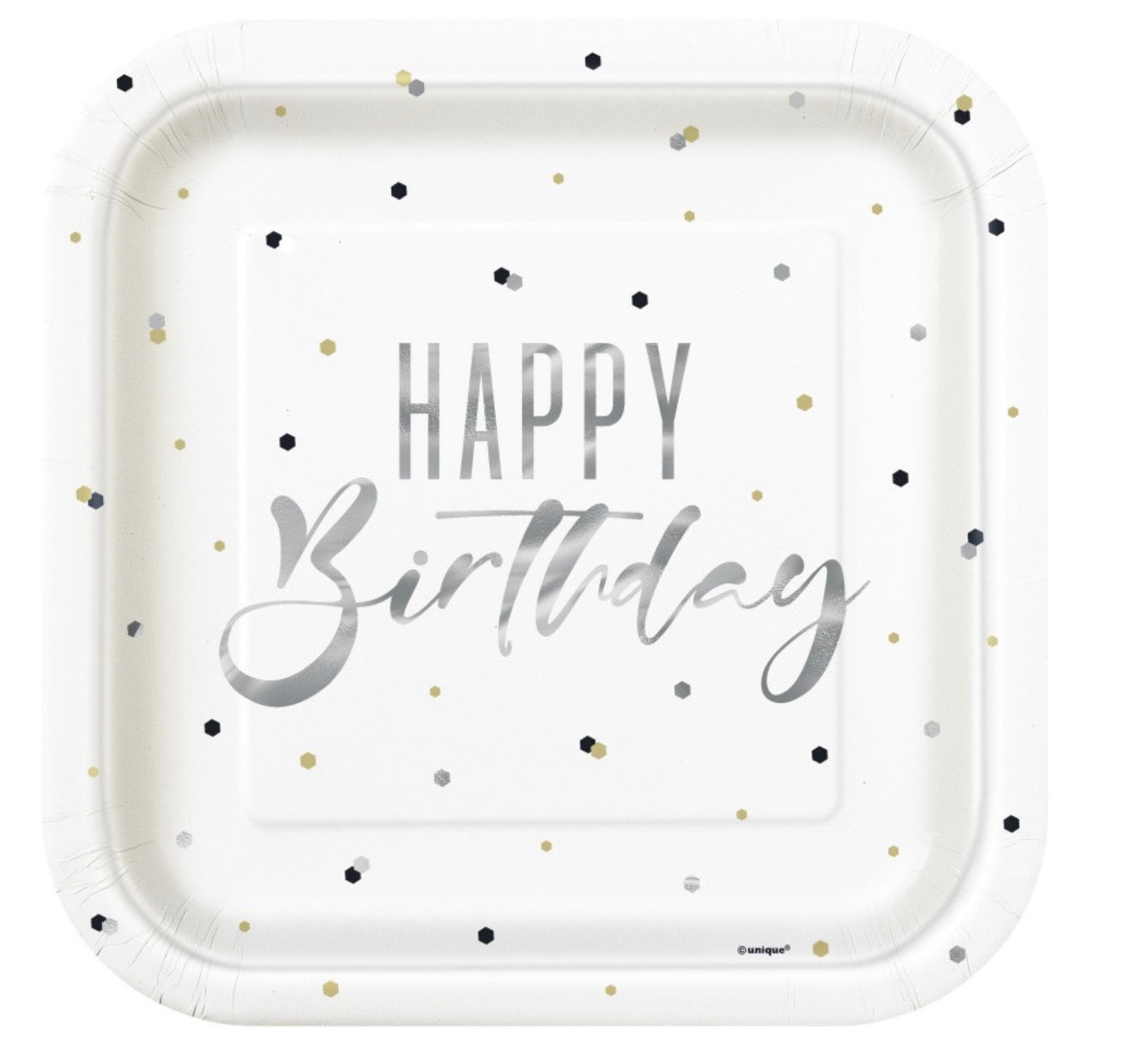 Silver Happy Birthday Square 9" Dinner Plates  8ct - Foil Stamping