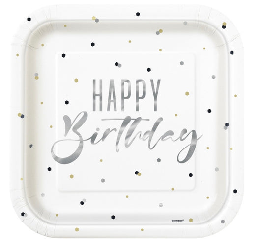 Silver Happy Birthday Square 9" Dinner Plates  8ct - Foil Stamping