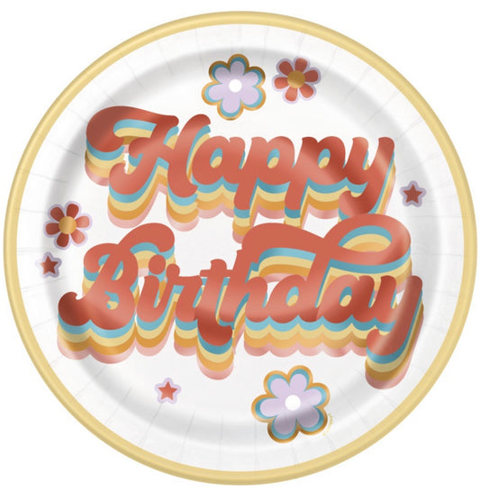 Rainbow Roller Skate "Happy Birthday" Round 9" Dinner Plates  8ct - Foil Board